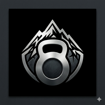 Metallic Titan 6 icon featuring a brushed steel kettlebell framed by rugged mountain peaks, resting on a matte black field.