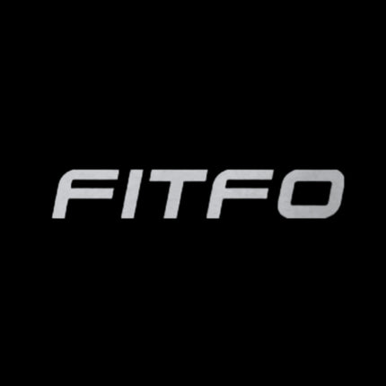 Minimalist brand graphic featuring the word FITFO in silver stencil typography centered against a solid black background