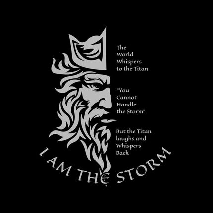 Titan 6 Storm Collection mark displaying a half profile of a crowned Titan alongside the creed ending in bold text reading I AM THE STORM, centered on a blackout field.