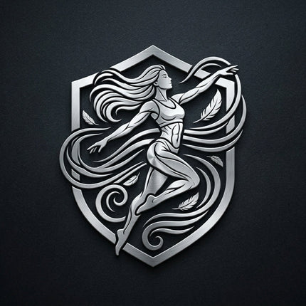 Metallic Titan 6 Zephyr emblem: silver shield framing an athletic female operator in mid flight with fluid line accents on a dark slate surface.
