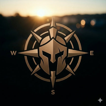 Bronze Titan 6 compass logo integrated with a Spartan helmet, highlighting cardinal directions over a dark blurred background.