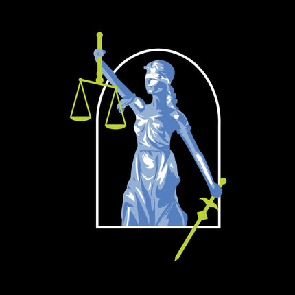 Lady Justice emblem: blue and yellow graphic of Lady Justice holding scales and sword inside an arched frame on a blackout field, honoring athlete Kelly Sullivan.