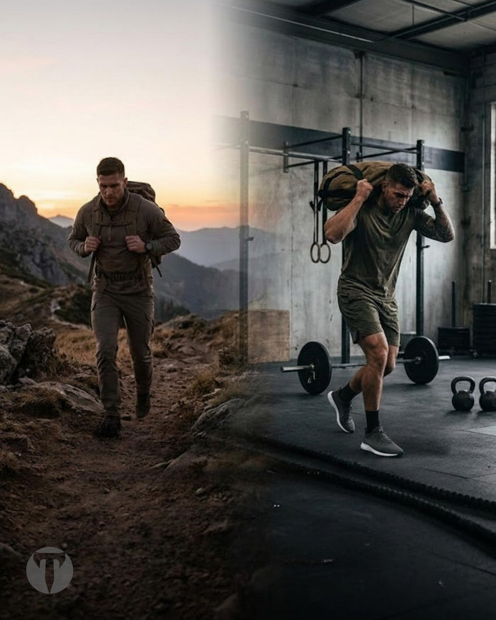 A split-screen lifestyle image showing a man outdoors hiking in a mountainous terrain at sunset on the left, and lifting a heavy backpack in a gym setting on the right. He is wearing a matching olive green technical outdoor clothing set.