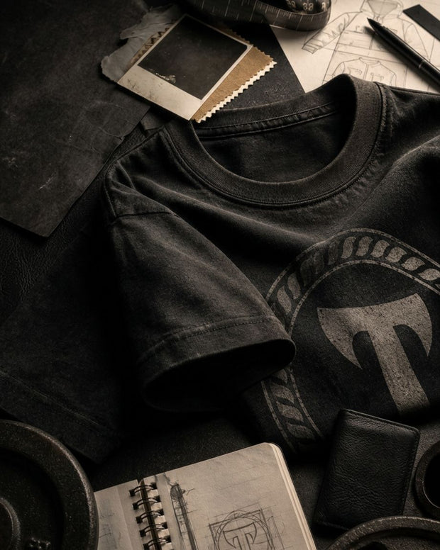 A black graphic t-shirt with a distressed gray Thor's hammer logo, styled in a moody flat-lay arrangement with leather accessories, a notebook, and sketches on a dark background.