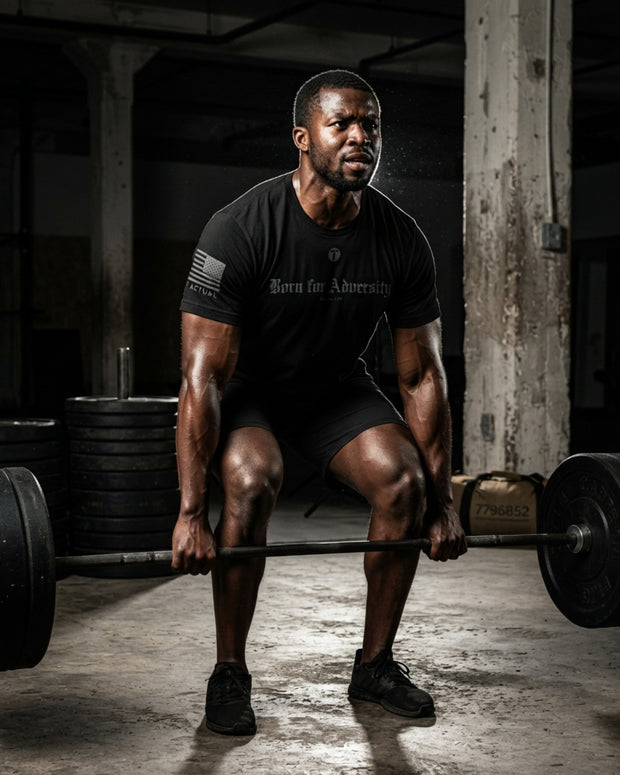 A muscular man in a black t-shirt and shorts performing a squat with a barbell in a dark, gritty gym environment. The t-shirt features the text 'Born for Athletics' and a small American flag graphic on the sleeve.