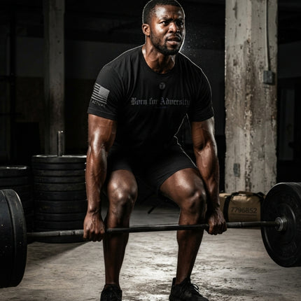 A muscular man in a black Titan 6 Endure T-shirt and shorts performing a squat with a barbell in a dark, gritty gym environment. The t-shirt features the text 'Born for Adversity' and a small American flag graphic on the sleeve.