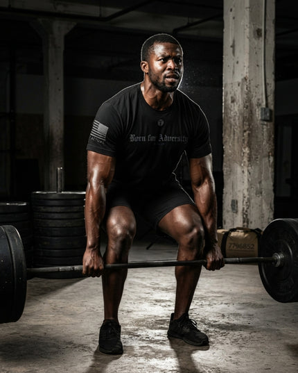 A muscular man in a black Titan 6 Endure T-shirt and shorts performing a squat with a barbell in a dark, gritty gym environment. The t-shirt features the text 'Born for Adversity' and a small American flag graphic on the sleeve.