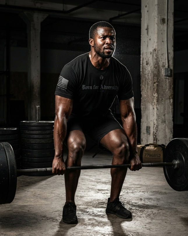 A muscular man in a black Titan 6 Endure T-shirt and shorts performing a squat with a barbell in a dark, gritty gym environment. The t-shirt features the text 'Born for Adversity' and a small American flag graphic on the sleeve.