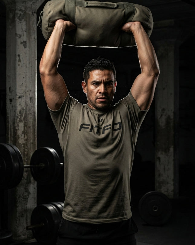 A man in a gym wearing a fitted army green Titan 6 Endure T-shirt with 'FITFO' printed on the chest, lifting a sandbag overhead.