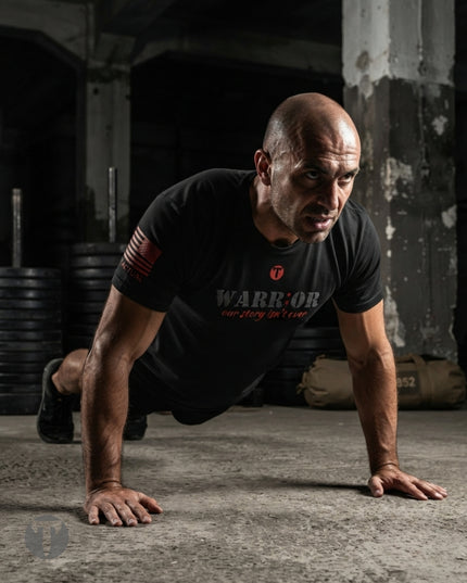 A man in a black Titan 6 Endure T-shirt with the Warrior design performing a push-up in a gritty, industrial gym environment. The t-shirt features the text 'WARRIOR' and the tagline 'our story is not over' printed on the chest.