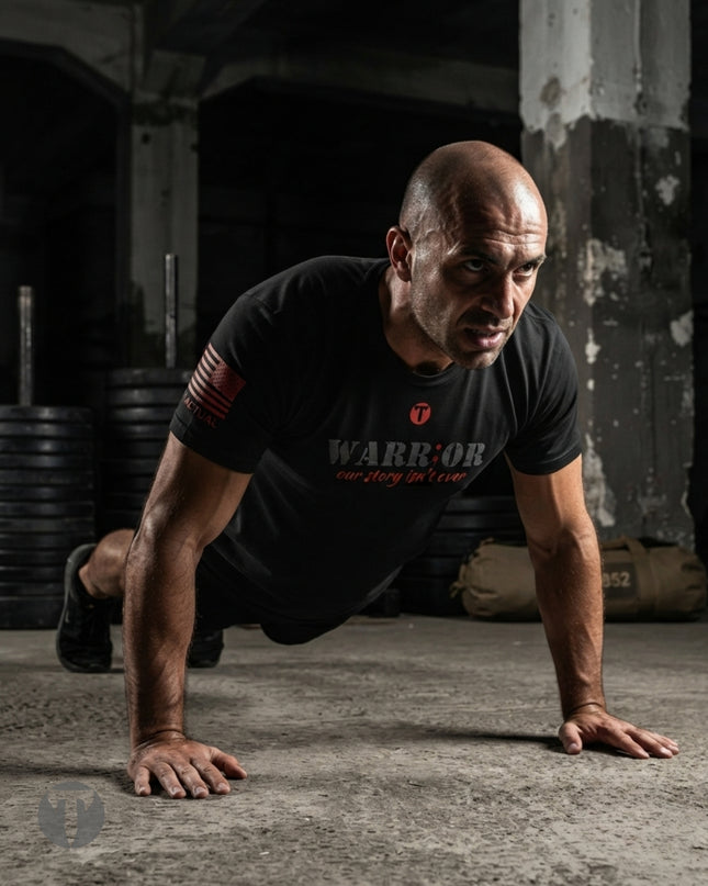 A man in a black Titan 6 Endure T-shirt with the Warrior design performing a push-up in a gritty, industrial gym environment. The t-shirt features the text 'WARRIOR' and the tagline 'our story is not over' printed on the chest.