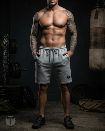 A muscular man with tattoos stands in a dimly lit gym wearing light grey Titan 6 Outpost shorts with the dark Icon Logo and black athletic shoes. Barring, weights, and a punching bag are visible in the background.