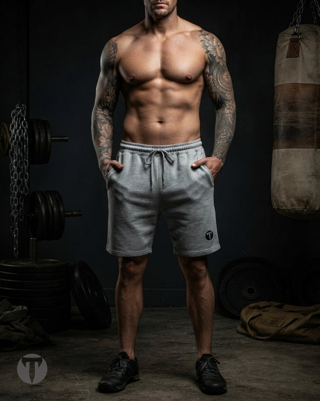 A muscular man with tattoos stands in a dimly lit gym wearing light grey Titan 6 Outpost shorts with the dark Icon Logo and black athletic shoes. Barring, weights, and a punching bag are visible in the background.