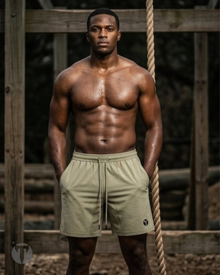 A shirtless muscular man stands outdoors wearing light khaki Titan 6 Stamina Drawstring 5 Inch Linerless shorts with the dark Icon Logo. A wooden structure and rope are visible in the background.