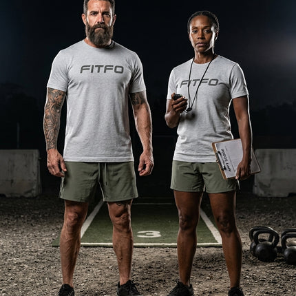Titan 6 FITFO heather grey graphic shirt worn during fitness test