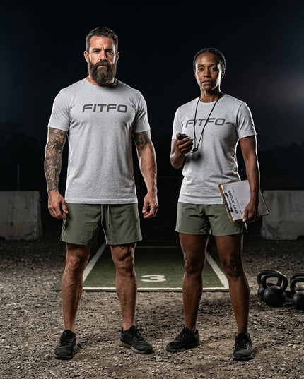 Titan 6 FITFO heather grey graphic shirt worn during fitness test