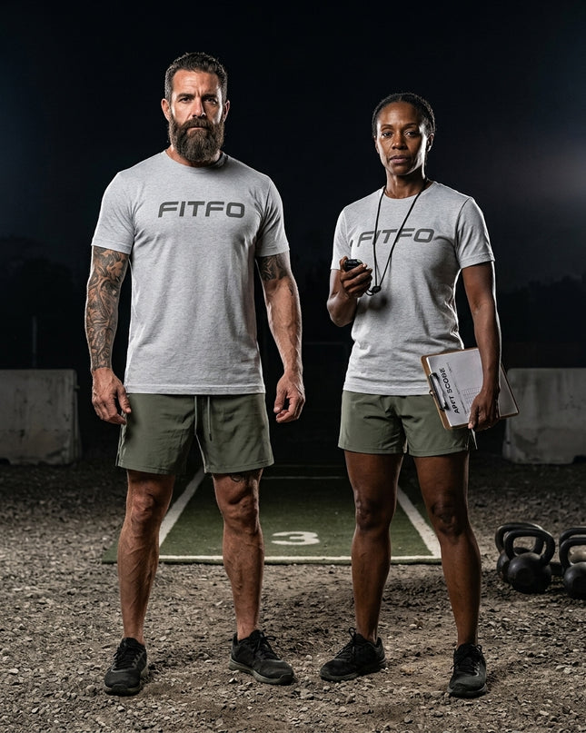 Titan 6 FITFO heather grey graphic shirt worn during fitness test