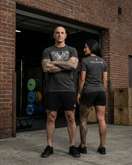 Titan 6 dark charcoal graphic shirt featuring Follow Me print worn in gym training