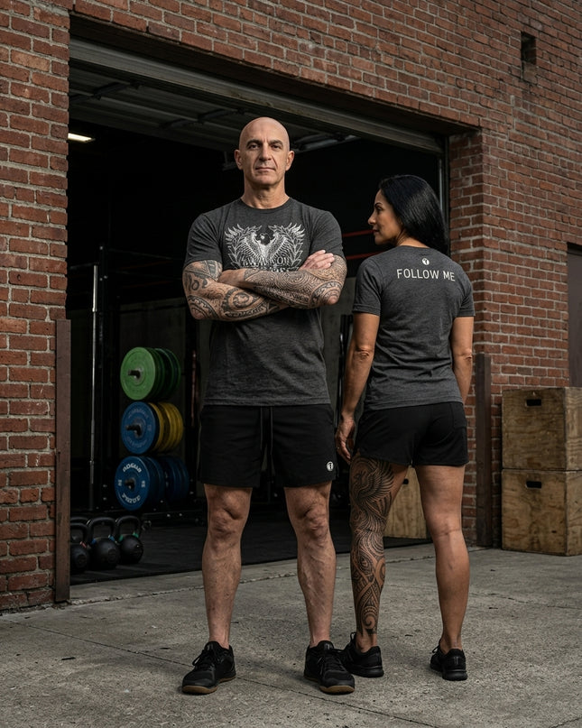 Titan 6 dark charcoal graphic shirt featuring Follow Me print worn in gym training