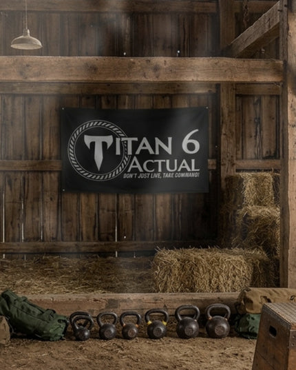 Titan 6 Actual Prime Gym Flag with the circular logo and slogan "Don't Just Live, Take Command!", mounted on a wooden wall in a rustic barn gym set up with kettlebells and hay bales.