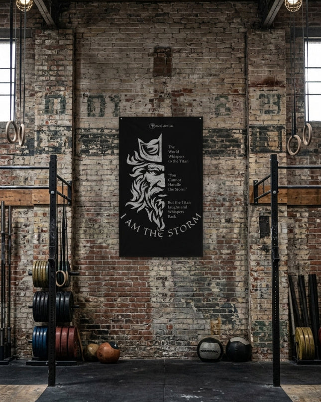 Titan 6 Actual "I Am The Storm" Gym Banner hanging on an exposed brick wall in a industrial gym setup, surrounded by weight racks and medicine balls.