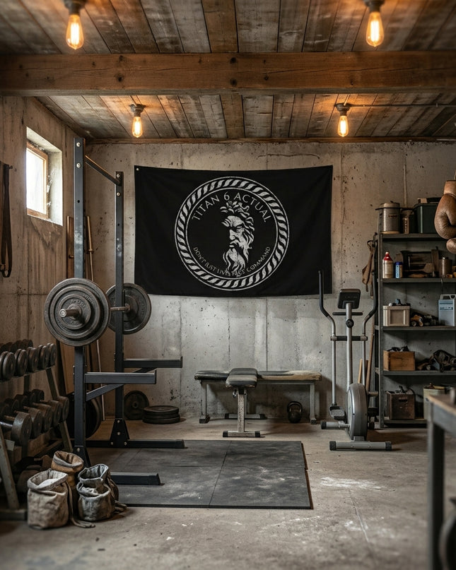 Titan 6 Actual Zeus Gym Flag hanging on a concrete basement gym wall, displayed behind workout equipment including a weight bench, squat rack, and dumbbells.