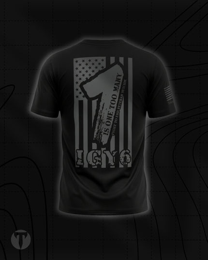 Back view of the Titan 6 Men's Endure T-Shirt in black, featuring a large light grey American flag graphic with the number "1 IS ONE TOO MANY," "FIGHT TO END VETERAN SUICIDE," and "IGY6" text across the bottom.