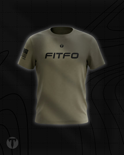 Front view of the Titan 6 Men's Endure T-Shirt in OD green, featuring the black chest graphic "FITFO", which stands for Figure It The F**K Out, below a small Titan 6 Icon logo and a black American flag printed on the right sleeve.