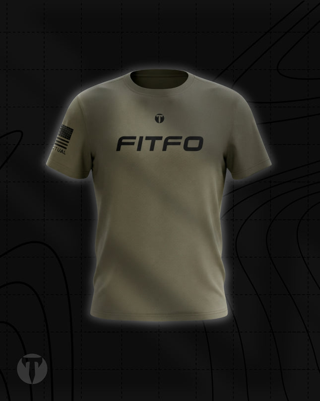 Front view of the Titan 6 Men's Endure T-Shirt in OD green, featuring the black chest graphic "FITFO", which stands for Figure It The F**K Out, below a small Titan 6 Icon logo and a black American flag printed on the right sleeve.
