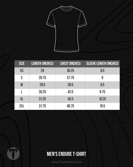 Titan 6 Actual Men's Endure T-shirt size chart showing chest circumference, sleeve length, and overall length guide.