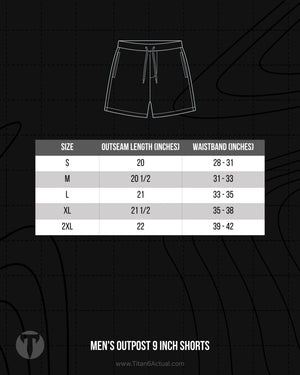 Titan 6 Actual Men's Outpost 9 Inch Shorts size chart showing waist sizing and 9-inch inseam guide.