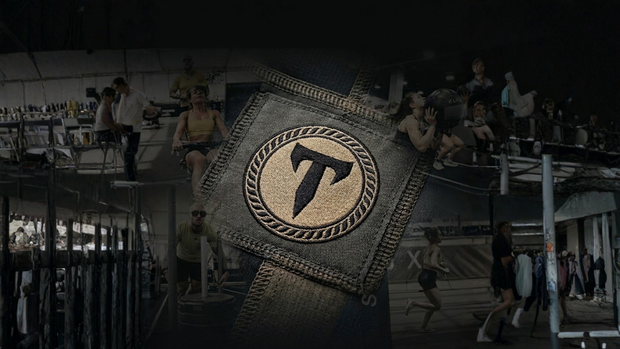 A close-up of a tactical embroidered Titan 6 logo patch set against a dark background overlaying a collage of athletes training in a gym.
