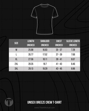 Titan 6 Actual Unisex Breeze Crew T-Shirt size chart showing chest width and shirt length dimensions.