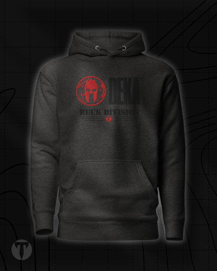 Titan 6 Unisex Citadel Pullover Hoodie in Charcoal, featuring a red Spartan helmet icon and DEKA Ruck Division graphic centered on the chest.