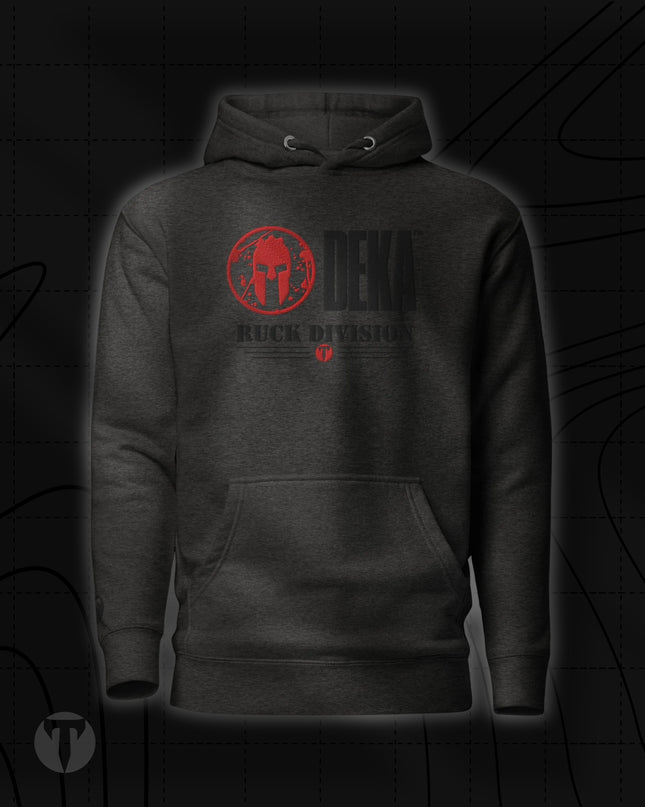 Titan 6 Unisex Citadel Pullover Hoodie in Charcoal, featuring a red Spartan helmet icon and DEKA Ruck Division graphic centered on the chest.