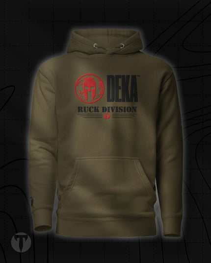 Titan 6 Unisex Citadel Pullover Hoodie in Olive Green, featuring a red Spartan helmet icon and DEKA Ruck Division graphic centered on the chest.