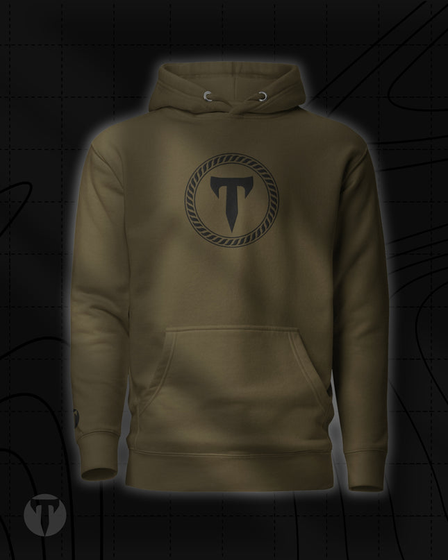 Titan 6 Unisex Citadel Pullover Hoodie in Dark Green, featuring a black circular "T" logo centered on the chest with a front kangaroo pocket and matching drawstrings.