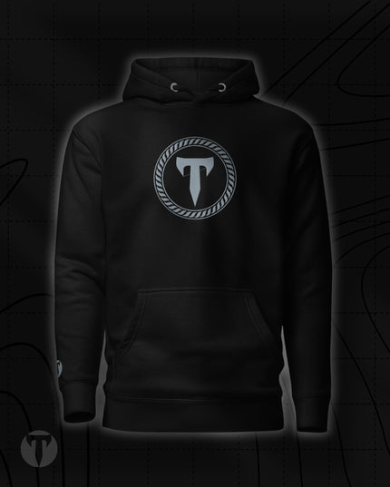 Titan 6 Unisex Citadel Pullover Hoodie in Light Black, featuring a grey circular "T" logo centered on the chest, complete with a kangaroo front pocket and drawstrings.