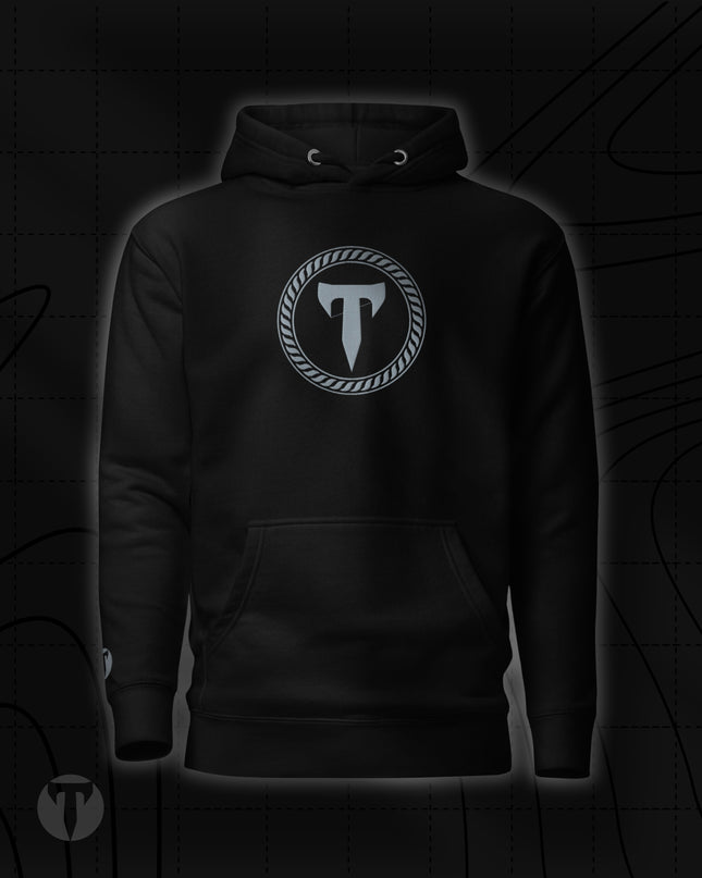 Titan 6 Unisex Citadel Pullover Hoodie in Light Black, featuring a grey circular "T" logo centered on the chest, complete with a kangaroo front pocket and drawstrings.