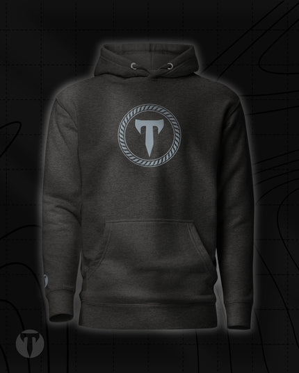 Titan 6 Unisex Citadel Pullover Hoodie in Dark Grey, featuring a grey circular "T" logo centered on the chest, complete with a kangaroo front pocket and drawstrings.