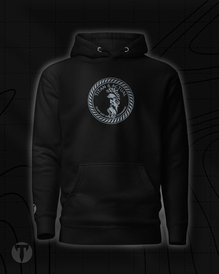 Titan 6 Unisex Citadel Pullover Hoodie in Light Black, featuring a silver circular Zeus logo centered on the chest, complete with a front kangaroo pocket and matching drawstrings.