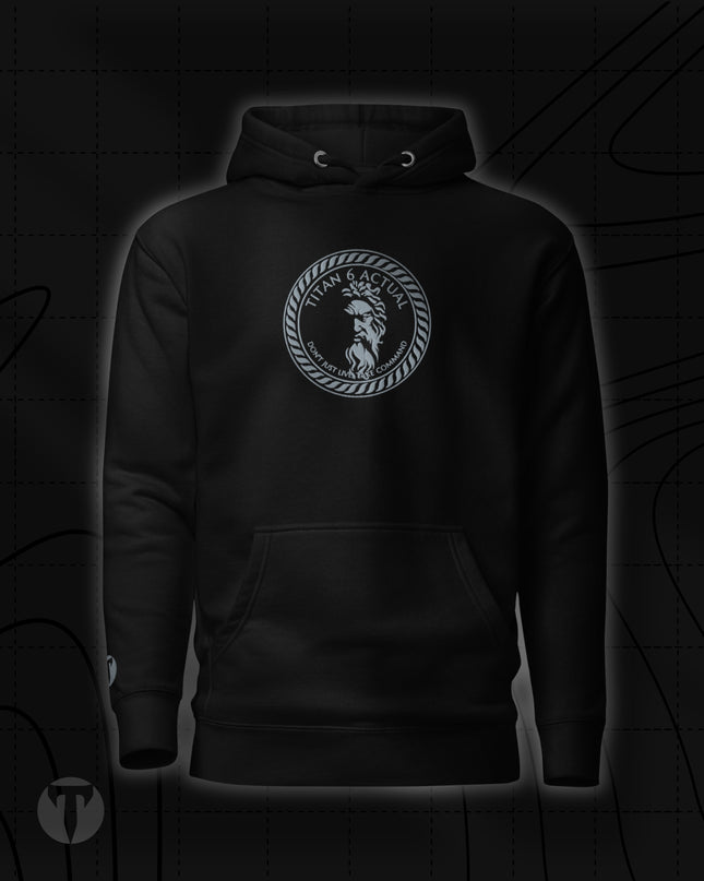 Titan 6 Unisex Citadel Pullover Hoodie in Light Black, featuring a silver circular Zeus logo centered on the chest, complete with a front kangaroo pocket and matching drawstrings.