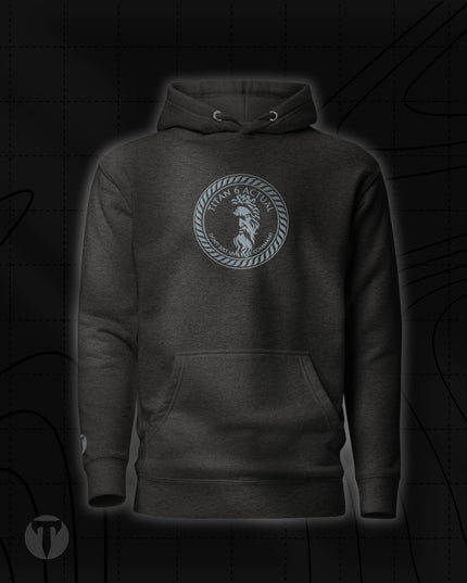 Titan 6 Unisex Citadel Pullover Hoodie in Dark Grey, featuring a silver circular Zeus logo centered on the chest, complete with a front kangaroo pocket and matching drawstrings.