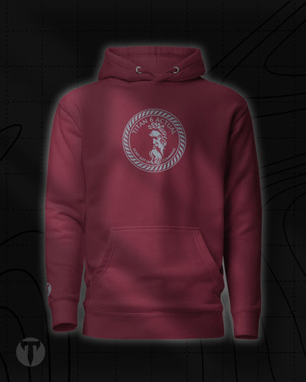 Titan 6 Unisex Citadel Pullover Hoodie in Maroon, featuring a silver circular Zeus logo centered on the chest, complete with a front kangaroo pocket and matching drawstrings.