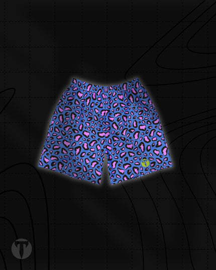 Front view of the Titan 6 Unisex Endure 6-Inch Linerless Shorts in Electric Leopard, featuring a blue and pink leopard print with a neon yellow Titan 6 Icon logo on the left leg hem.