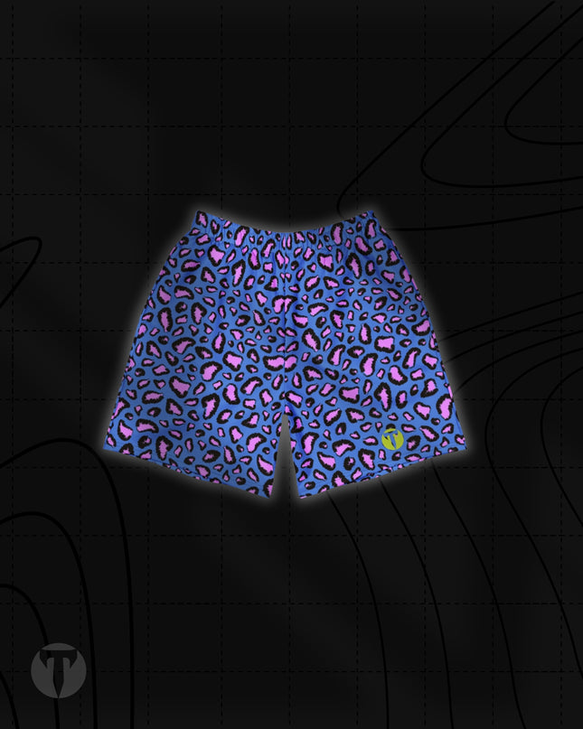 Front view of the Titan 6 Unisex Endure 6-Inch Linerless Shorts in Electric Leopard, featuring a blue and pink leopard print with a neon yellow Titan 6 Icon logo on the left leg hem.