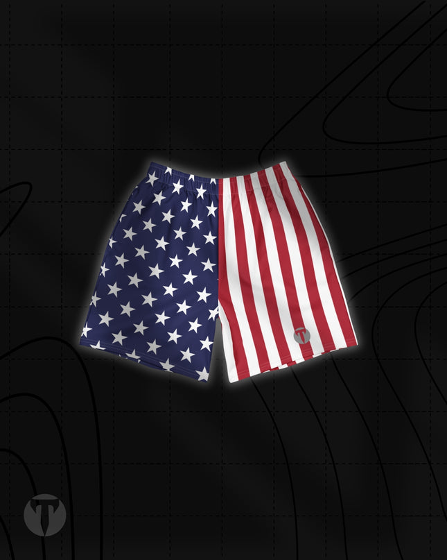 Front view of the Titan 6 Unisex Endure 6-Inch Linerless Shorts in Old Glory, featuring a split American flag design with white stars on navy blue on the right leg, red and white vertical stripes on the left leg, and a grey Titan 6 Icon logo on the left leg hem.