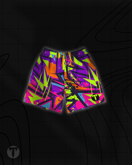 Front view of the Titan 6 Unisex Endure 6-Inch Linerless Shorts featuring a vibrant neon Zack Wiz abstract geometric print with the dark Icon logo on the left leg hem.