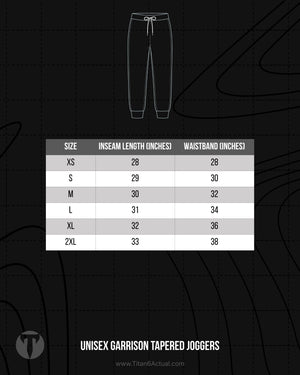 Titan 6 Actual Unisex Garrison Tapered Joggers size chart with waist, hip, and inseam measurements.