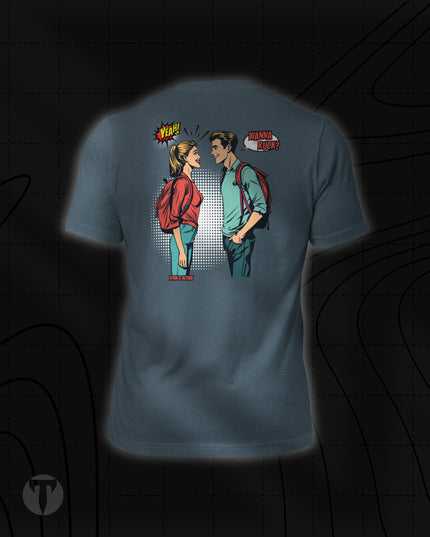 Back view of the Titan 6 Unisex Nomad Tee in Heather Slate, featuring a pop-art comic style illustration of a man asking "WANNA RUCK?" and a woman replying "YEAH!" with both wearing rucksacks.